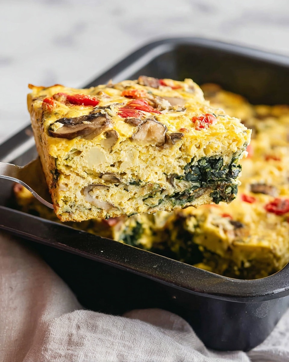 A baked casserole in a black baking dish sits on a white marbled surface with a grey cloth beside it. The casserole is golden yellow on top with a slightly browned crust around the edges. It has colorful layers inside, including visible bits of red and yellow cherry tomatoes scattered throughout the top layer. A piece of the casserole has been cut out and is resting on a black spatula with a black handle, revealing a soft, creamy inside with green vegetable pieces mixed in. The dish looks warm and freshly baked, with a textured cheesy top. photo taken with an iphone --ar 4:5 --v 7