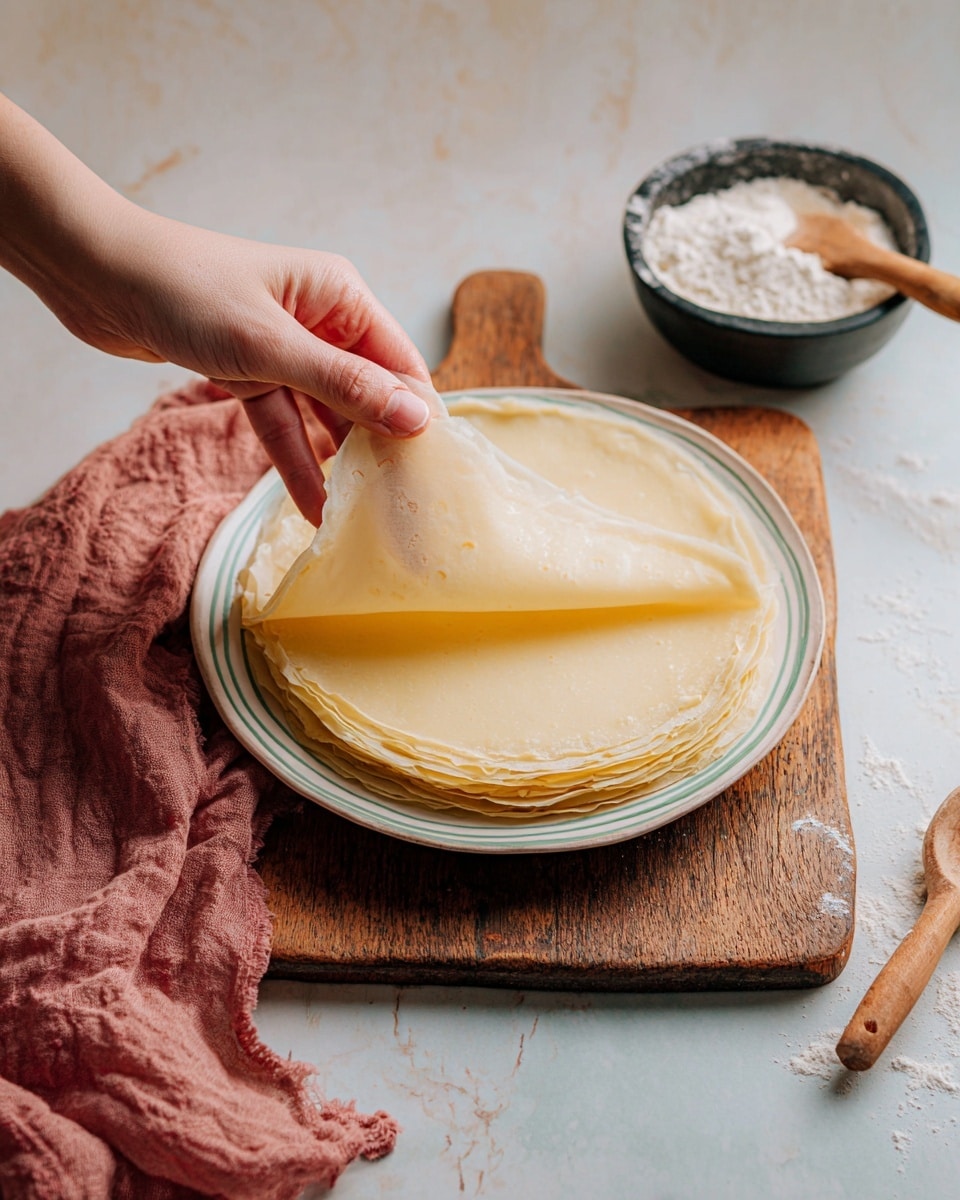 A white plate filled with multiple thin, round crepe layers stacked evenly, pale yellow and slightly translucent with delicate edges. A woman's hand is gently lifting the top crepe from the stack, showing the smooth texture and soft folds. The plate sits on a rustic wooden cutting board with visible wear and scratches. To the side, there is a wooden spoon holding flour and a bowl of flour partially visible, all placed on a white marbled textured surface. A muted red cloth napkin lies folded near the cutting board. Photo taken with an iphone --ar 4:5 --v 7