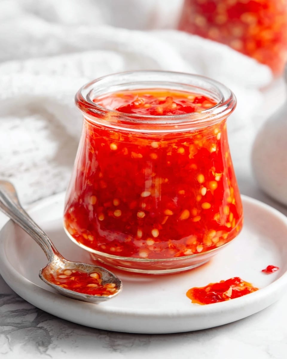 A close-up image of a glass jar filled with thick red chili sauce containing visible small chili seed bits, the sauce has a shiny, smooth texture. A silver spoon is dipped into the jar, holding some of the sauce, showing its semi-liquid consistency with some suspended seeds and small chili pieces. The background is a white marbled texture. Photo taken with an iphone --ar 4:5 --v 7