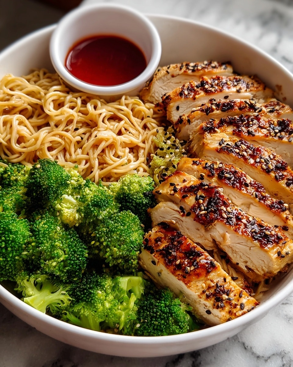 A white bowl filled with three main layers: on the left side, light brown cooked noodles with a slightly glossy texture; next to the noodles, a layer of bright green broccoli florets that look fresh and slightly steamed; on the right side, several thick slices of grilled chicken breast with a golden brown, slightly charred surface sprinkled with black and white sesame seeds and spices. At the back edge of the bowl, a small white cup filled with red dipping sauce is visible. The bowl sits on a white marbled surface. Photo taken with an iphone --ar 4:5 --v 7