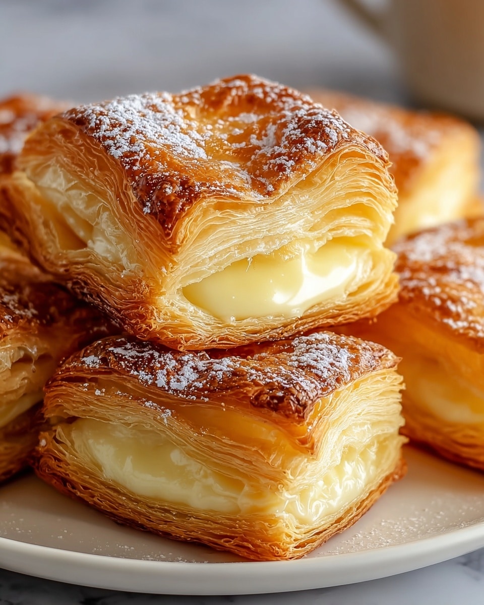 A close-up view of five square-shaped pastries stacked on a white plate, each with three visible layers of golden-brown flaky puff pastry, slightly glossy and crisp on the edges, enclosing a thick layer of creamy pale yellow custard in the middle. The tops of the pastries have a slightly sunken center filled with more smooth custard and are lightly dusted with powdered sugar that contrasts softly against the caramelized and shiny pastry layers. The background is a white marbled texture with a soft focus. photo taken with an iphone --ar 4:5 --v 7