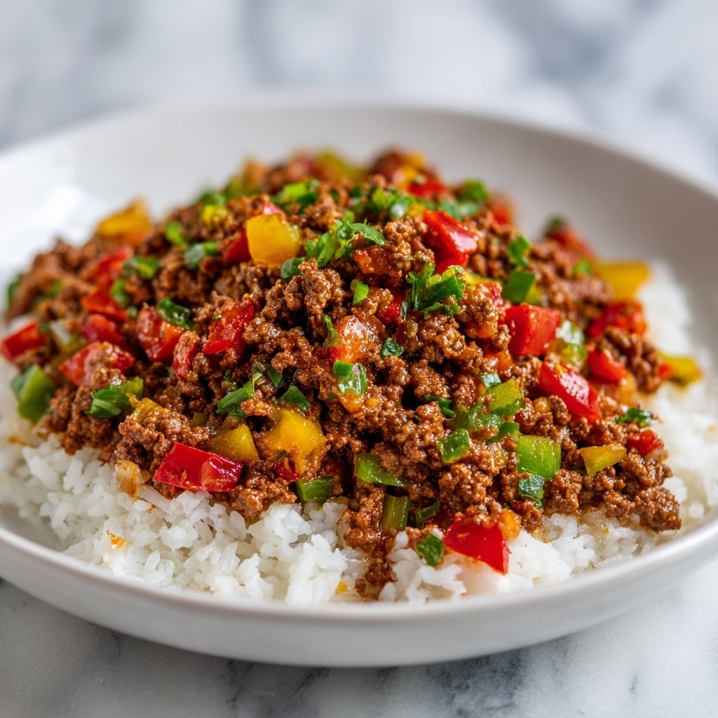 A close-up view of a bowl with two main layers, the bottom layer is white steamed rice with a soft and fluffy texture, while the top layer consists of cooked ground beef mixed with chopped green and red bell peppers and small bits of cooked onions, creating a colorful and chunky texture with a glossy finish. The bowl is white with a blue pattern around the rim, and the background shows a white marbled surface with some green bell peppers and a white bowl filled with more of the ground beef mix slightly blurred in the back, photo taken with an iphone --ar 4:5 --v 7