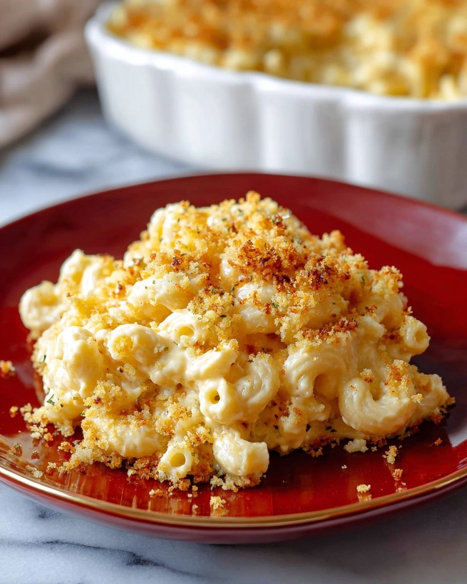 A serving of macaroni and cheese sits on a shiny white plate with a dark red surface, featuring three main layers: the bottom layer is soft, curly macaroni pasta in creamy pale yellow cheese sauce, the middle layer is a thick spread of the smooth cheese mixture covering the pasta evenly, and the top layer is golden brown crunchy breadcrumbs scattered on top, adding texture with small bits also lying around the edges of the plate. The background shows a blurred white casserole dish with more macaroni and cheese, placed on a white marbled surface. photo taken with an iphone --ar 4:5 --v 7