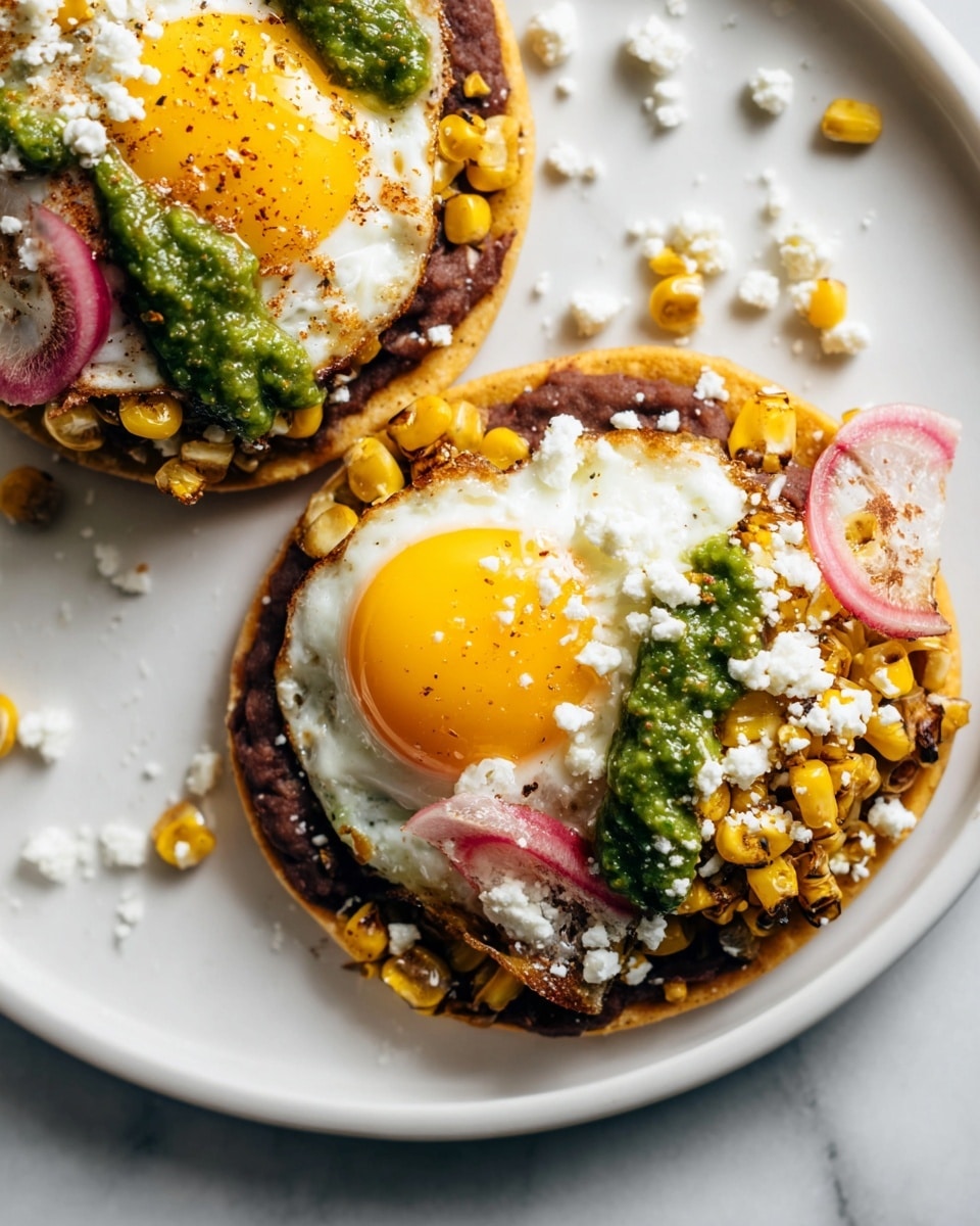 A close-up view of a taco held by a woman's hand, placed on a white plate over a white marbled surface; the taco has a crispy tortilla base topped with a layer of refried beans, bright yellow cooked corn, thin slices of pink pickled onions spread around, a runny sunny-side-up egg yolk in the center, a dollop of green salsa or pesto sauce on top, and small bits of white cheese scattered around. Some corn kernels and crumbs lie on the plate near the taco, while a blurred glass of red drink and a small bowl of green sauce appear in the background. Photo taken with an iphone --ar 4:5 --v 7