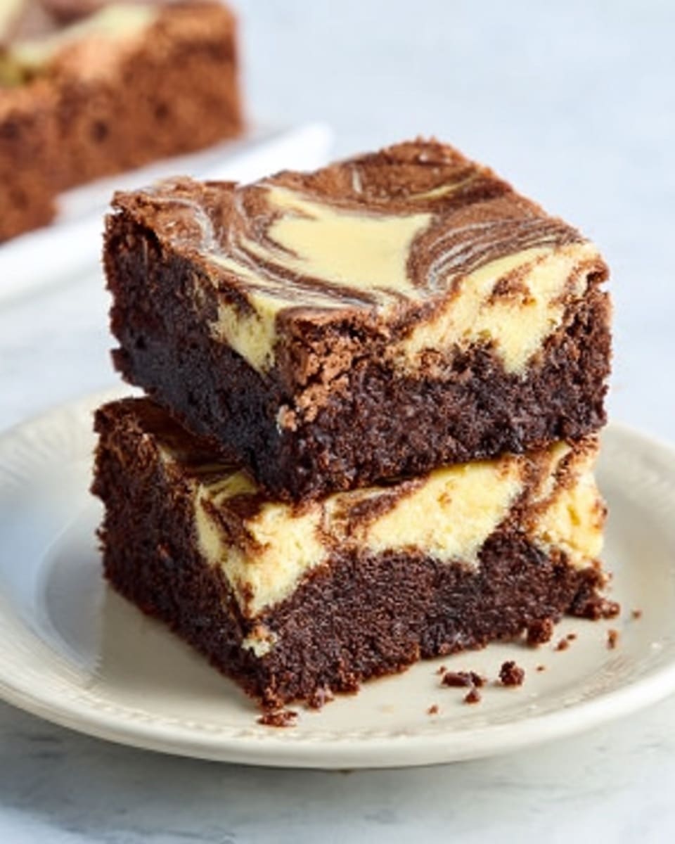 Two thick squares of rich chocolate brownie with a creamy, swirled layer of light-colored cheesecake mixed into the top, stacked one on top of the other on a simple white plate. The brownie layers are dense and dark brown with a slightly crackled top, while the creamy swirls are pale yellow with smooth texture creating a marbled effect on the surface. There are a few crumbs scattered around the plate. The white plate sits on a white marbled texture surface with a soft natural light. Photo taken with an iphone --ar 4:5 --v 7