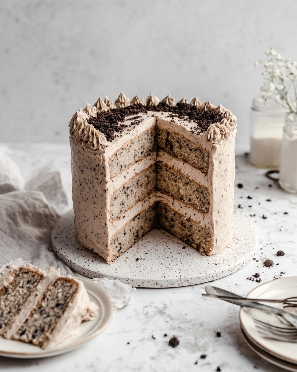 A tall, round cake with three layers sits on a white speckled plate. The cake is covered fully in light brown cream frosting mixed with tiny dark cookie crumbs, giving it a slightly rough texture. The top is decorated with a cluster of crushed dark cookie pieces mostly on one side, forming a half-moon shape. The cake is on a white marbled surface, surrounded by a few clear glasses of milk, a folded gray striped cloth, white flowers in glass vases, and stacked white speckled plates with silver forks on the right side. photo taken with an iphone --ar 4:5 --v 7