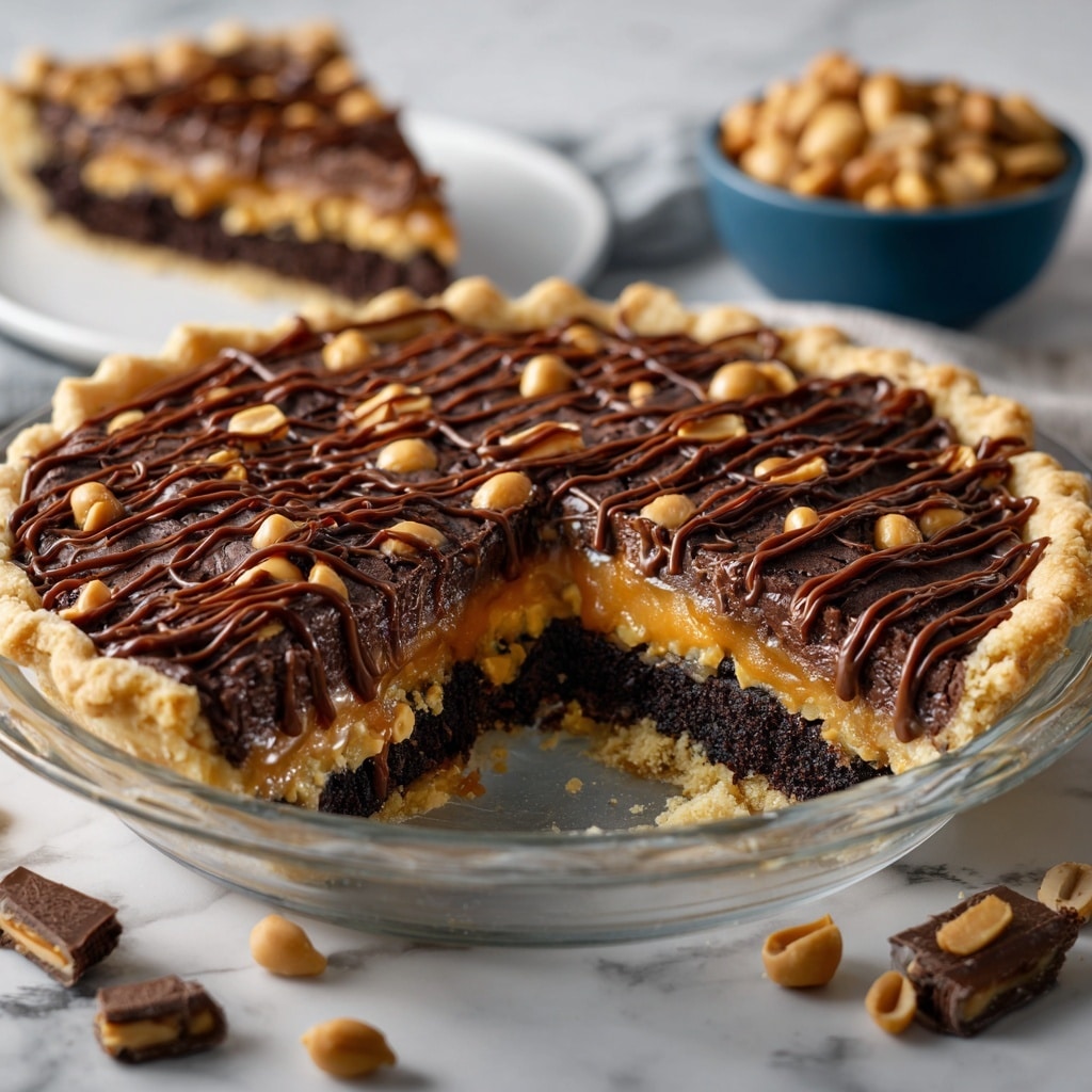 A slice of pie sits on a white scalloped plate with a silver fork beside it. The pie has four visible layers: the bottom crust is light golden, the second layer is dark brown and crumbly like chocolate, the third layer is thick and light tan resembling caramel or nougat with small nut pieces, and the top layer is covered with whole peanuts and drizzled in glossy dark chocolate and golden caramel sauce. The pie plate in the background is clear glass and filled with the same pie. Nearby, a blue bowl filled with peanuts and wrapped Snickers candies rest on a white marbled surface. Photo taken with an iphone --ar 4:5 --v 7