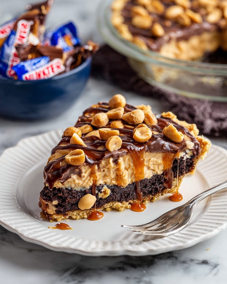 A multi-layered pie sits in a clear glass dish on a white marbled surface, with a slice removed and placed on a white plate in the background. The pie has three visible layers: the bottom layer is a golden flaky crust, the middle layer is a dark chocolate brownie, and the top layer is covered in golden peanuts mixed with caramel, drizzled with thick dark chocolate sauce in a crisscross pattern. Scattered mini Snickers bars surround the pie, and a blue bowl filled with more peanuts is seen behind the plate. Photo taken with an iphone --ar 4:5 --v 7