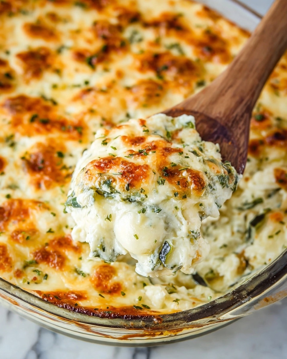 A close-up of a white glass dish filled with a creamy, mixed baked casserole that has a top layer of golden-brown melted cheese with small green herb bits scattered throughout. A wooden spoon lifts a portion from the dish, showing layers of thick, white, soft cheese and chopped green vegetables underneath, with some spots of bubbling, slightly browned cheese. The dish rests on a white marbled surface. photo taken with an iphone --ar 4:5 --v 7
