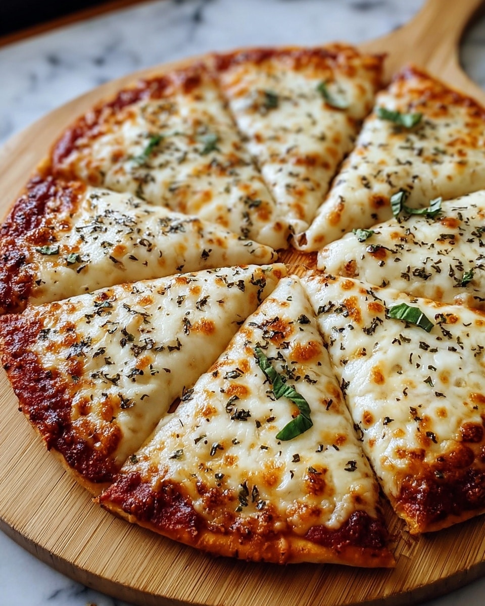 A round pizza cut into eight slices sits on a wooden board, showcasing a base layer of reddish tomato sauce topped with a thick, bubbly layer of melted white cheese with some golden brown spots. Scattered small green basil leaves and sprinkled black herbs cover the top, adding contrast to the creamy cheese. The edges of the thin crust are slightly browned and crispy. The background is a white marbled texture. photo taken with an iphone --ar 4:5 --v 7