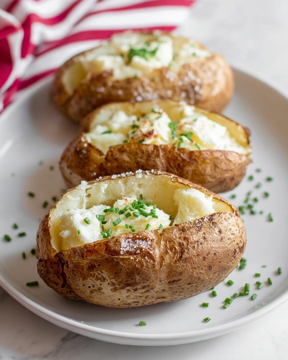 Three baked potatoes are placed on a white plate with a white marbled surface underneath. Each potato has a rough brown skin and is cut open to reveal a fluffy, light yellow inside. On top of each potato is a square piece of melting butter, sprinkled with small chopped green herbs and a light dusting of black pepper. Coarse salt crystals are visible around the potato skins. The potatoes are arranged close together, and some green herb bits are scattered on the plate. photo taken with an iphone --ar 4:5 --v 7