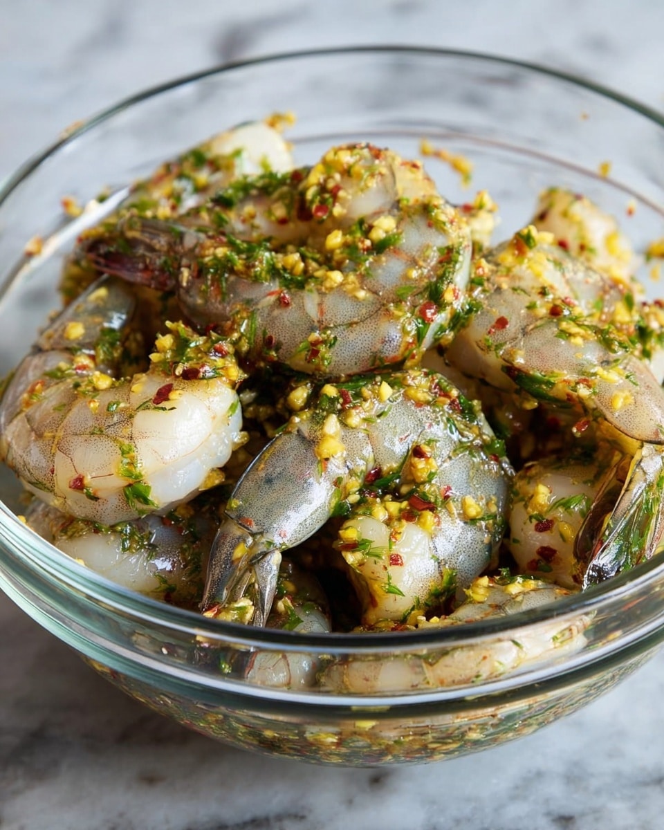 A clear glass bowl filled with raw shrimp coated in a mix of yellow garlic pieces, green herbs, and small red chili flakes; the shrimp have a pale grayish-blue color with shells partly intact and a moist glossy texture; the bowl sits on a white marbled surface, showing a close-up view that highlights the marinade spread evenly over the shrimp photo taken with an iphone --ar 4:5 --v 7
