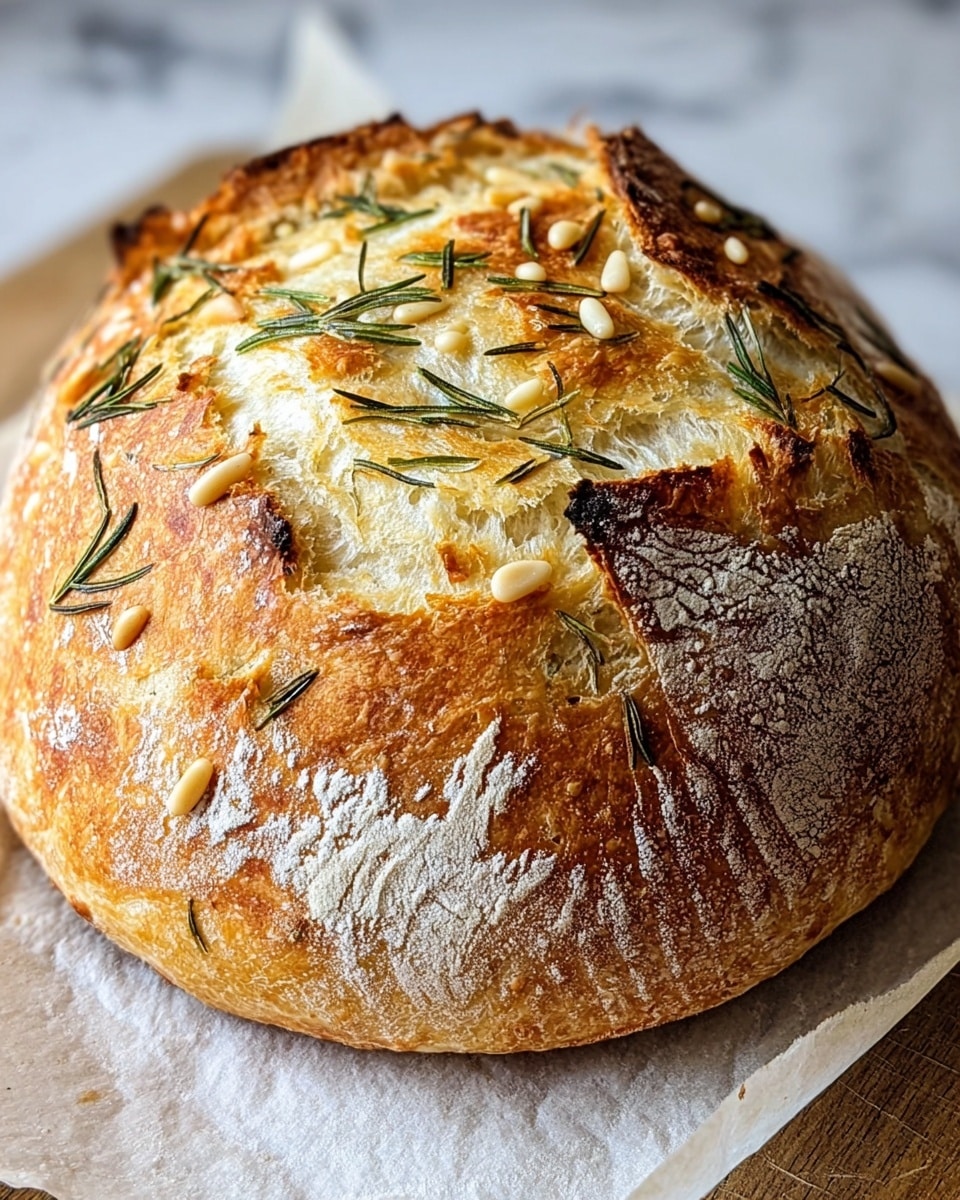 A round loaf of bread with a golden-brown crust sits on a white marbled surface. The crust is cracked in places, revealing a soft, airy inside with a light cream color. Scattered on top of the bread are small green rosemary leaves, some looking dry and others fresh, adding texture and contrast. The bread’s surface shows a slight dusting of white flour, highlighting the rustic, homemade feel. The bread has an uneven but natural shape, with some parts puffed up more than others, making it look fresh and inviting. Photo taken with an iphone --ar 4:5 --v 7