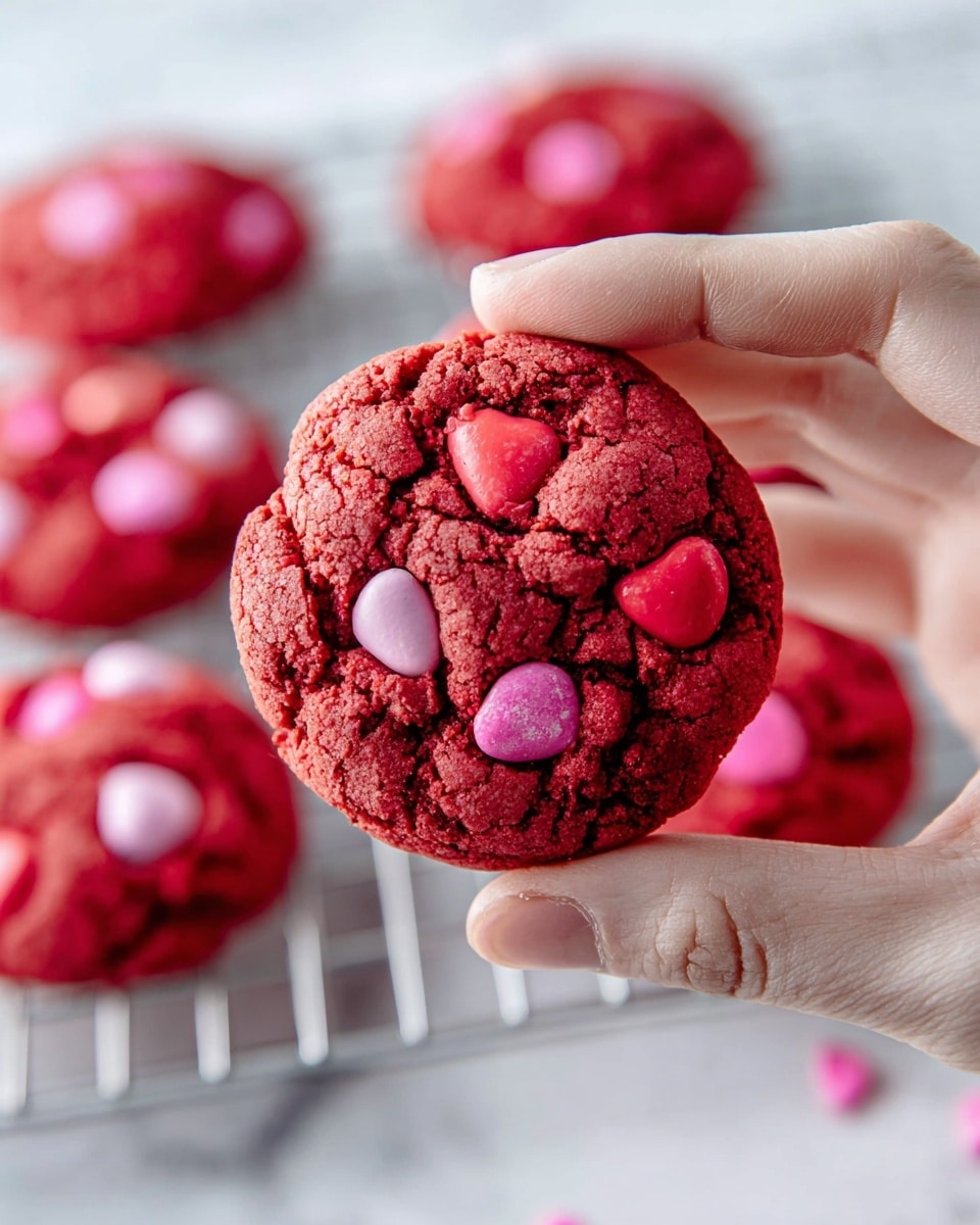 A stack of four rough-textured, deep red cookies with a slight crackled surface sits on a wooden board, each cookie studded with smooth, shiny candy pieces in shades of pink, red, and light purple scattered on top and around them. Behind the stack is a tall glass bottle filled with white milk, and in the background, a white plate piled with more cookies is slightly blurred. A red patterned cloth is partly visible under the milk bottle, and the whole scene rests on a white marbled surface. Photo taken with an iphone --ar 4:5 --v 7
