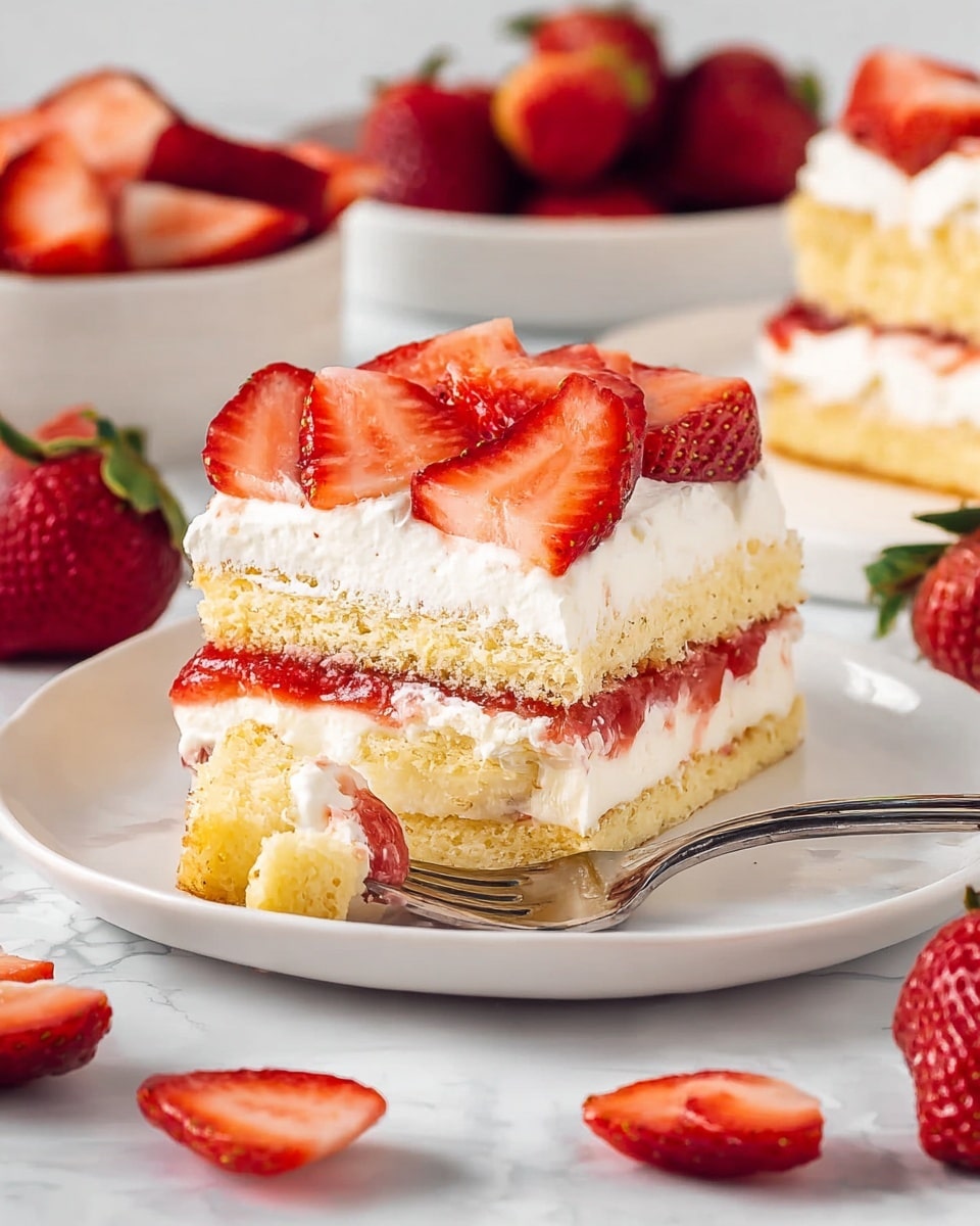 The image shows a slice of a layered strawberry dessert held by a white spatula. The dessert has four clear layers: the bottom layer is a light, soft sponge cake in pale yellow; above it is a layer of sliced, bright red strawberries with visible seeds; the third layer is a thick, creamy white filling; the next layer is another sponge cake matching the bottom layer in color and texture; topped with another smooth creamy white filling layer; and finally, the top is decorated with three halved bright red strawberries arranged neatly. The full dessert in the background is also topped with strawberry halves on a white rectangular plate, set on a white marbled surface. Photo taken with an iphone --ar 4:5 --v 7