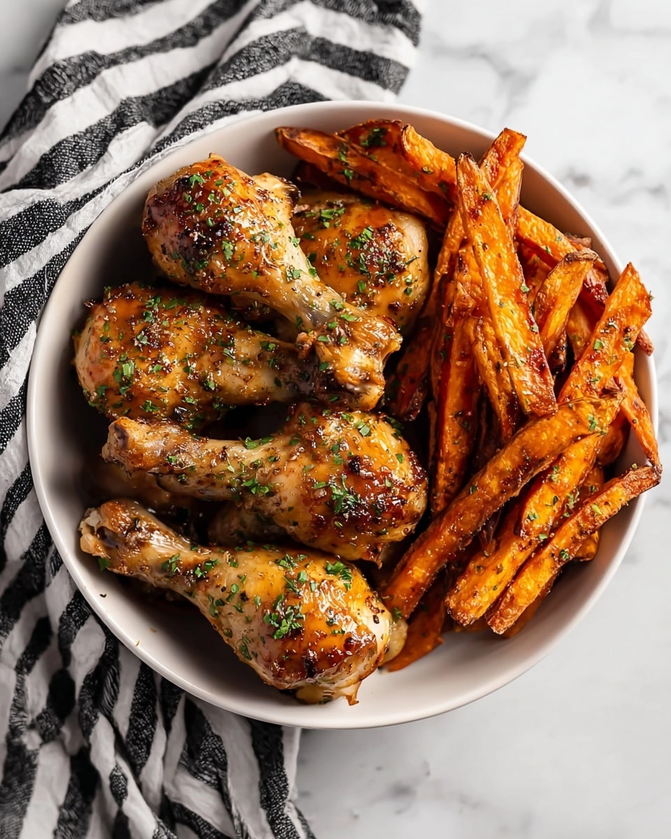 A white bowl filled with six golden brown roasted chicken drumsticks on the left side, each drumstick has a slightly crispy skin with scattered green herb sprinkles on top. On the right side of the bowl, there are thick-cut sweet potato fries with a warm orange color and slightly charred edges, also sprinkled with herbs. The bowl sits on a white marbled surface, and a black and white striped cloth is partially visible on the left side of the image. photo taken with an iphone --ar 4:5 --v 7