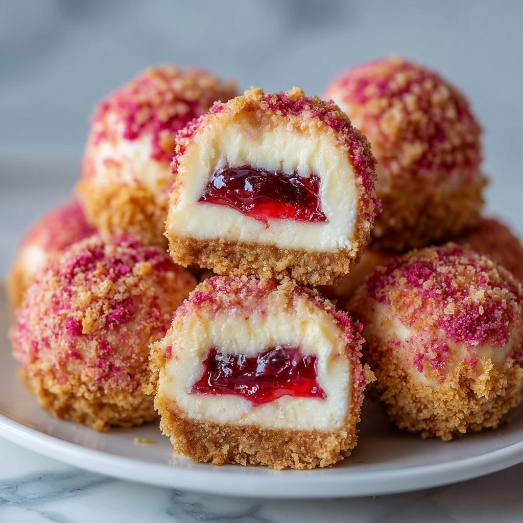 This image shows several round cheesecake balls stacked on a white plate with a white marbled surface in the background. Each cheesecake ball has three layers: a bottom crumbly golden brown crust, a thick middle creamy white cheesecake layer, and a bright red fruit jam center. The outside is coated with crushed pink and red crumbs, giving a textured look. Two cheesecake balls are cut in half, revealing the inside layers clearly. The composition is close-up and focused on the texture and colors of the cheesecake balls. photo taken with an iphone --ar 4:5 --v 7