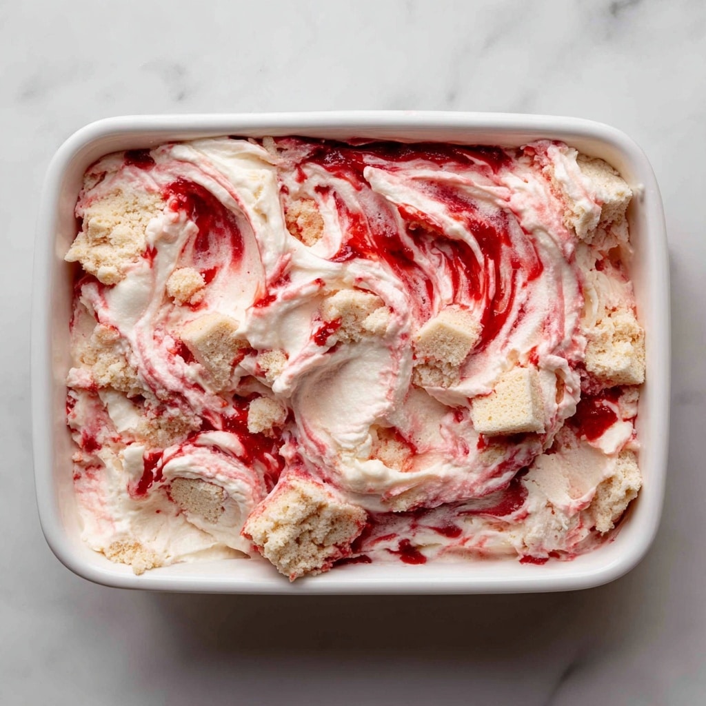 The dish is a creamy mixture with about three main layers blended together in a white bowl. The base layer shows soft, pale pink whipped cream with a smooth and fluffy texture. Mixed into this are irregular chunks of light brown cake pieces, peeking through the cream. Swirled throughout are bright red and deeper red streaks of strawberry or berry sauce, giving a marbled effect on the surface. The texture looks soft and airy, with some parts thicker where the cake pieces and cream combine. photo taken with an iphone --ar 4:5 --v 7