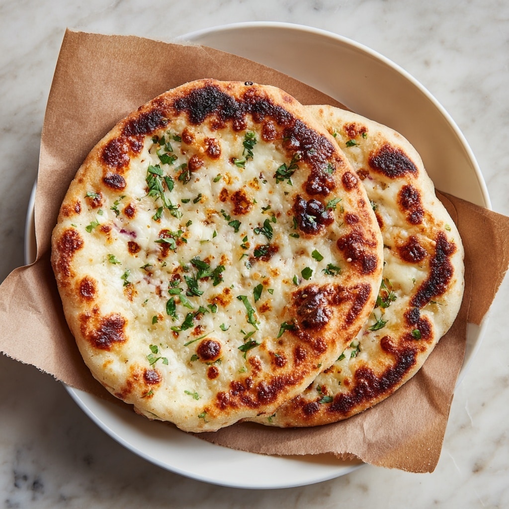 Two flatbreads stacked on a white plate, each flatbread has a golden-brown crust with dark toasted spots and slightly puffed edges. The top flatbread is covered with melted cheese that is creamy white with patches of golden-yellow that look bubbly and browned. Small bits of chopped green herbs are sprinkled across the cheese, adding a fresh contrast to the warm tones. The plate rests on a brown parchment paper and the background is a white marbled texture. photo taken with an iphone --ar 4:5 --v 7