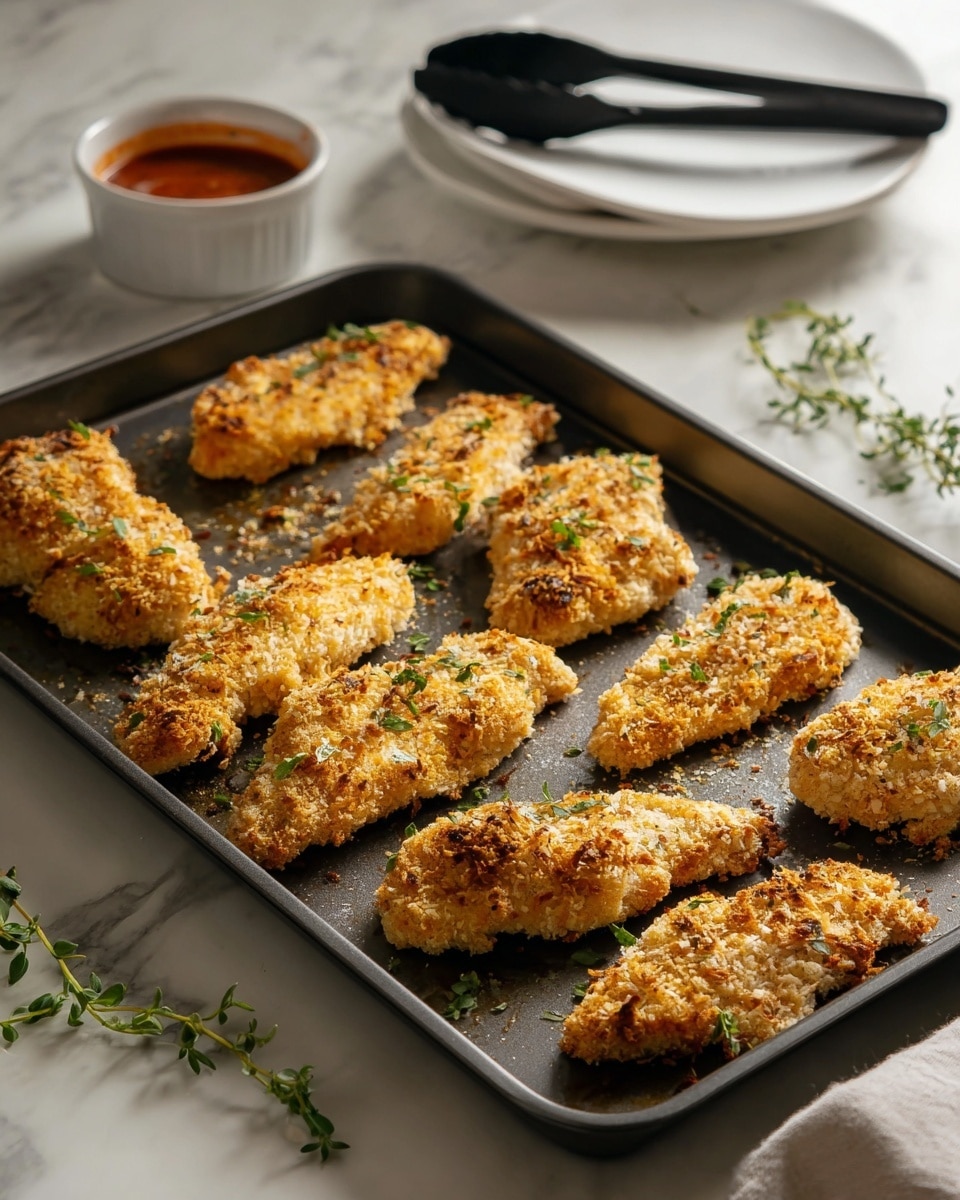 The image shows a dark gray baking tray filled with seven pieces of breaded fish fillets. Each fillet is coated with a golden-brown, crispy breadcrumb layer with some green herb sprigs scattered on top, giving a textured look. The fillets are arranged randomly across the tray with crumbs spread around them. The tray is placed on a white marbled surface with some green herb sprigs visible in the background, adding a touch of freshness. Photo taken with an iphone --ar 4:5 --v 7