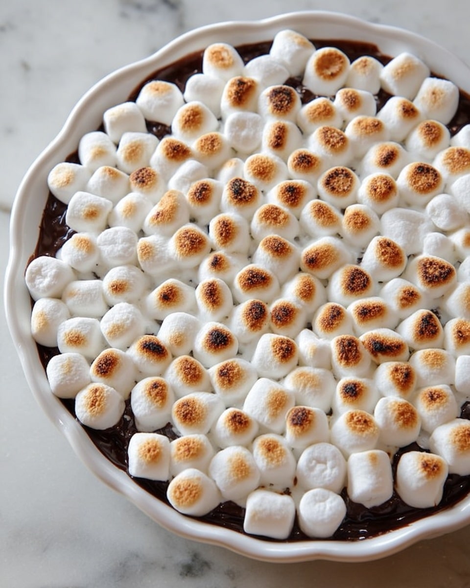 A white ceramic pie dish filled with a dessert that has two main layers. The bottom layer is smooth, dark chocolate, rich and glossy. The top layer is fully covered with small, white marshmallows that are toasted golden brown on top, some darker spots marking a light crisp. The marshmallows are puffy and close together, creating a soft, uneven mound over the chocolate. The pie dish sits on a white marbled surface. photo taken with an iphone --ar 4:5 --v 7