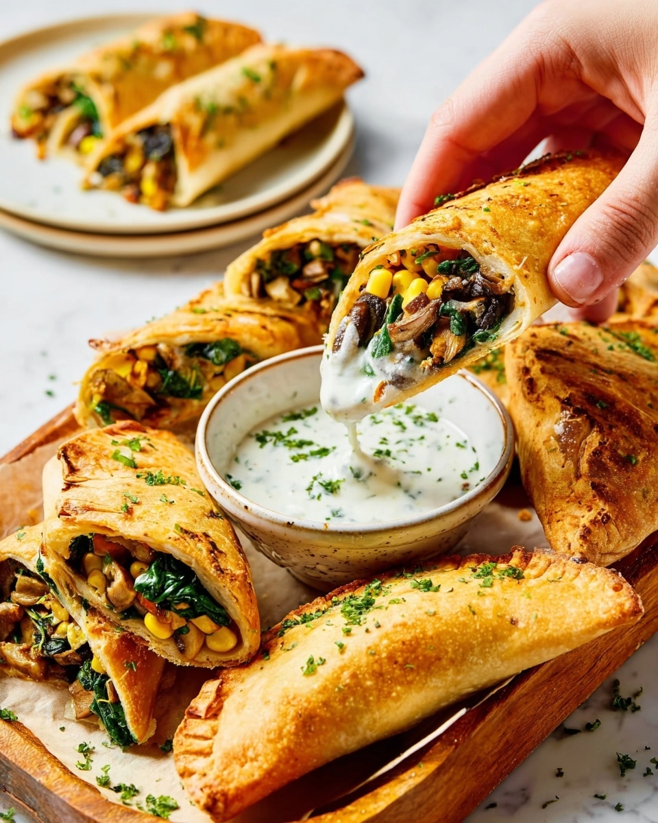 The image shows a white plate holding three golden-brown empanadas with a crispy crust and a visible filling made of black beans, corn, and red peppers, which adds a mix of black, yellow, and red colors inside. One empanada is cut open halfway, showing the filling stacked in layers within the thick crust. Next to the empanadas, there is a small clear glass bowl filled with creamy green sauce that looks smooth and thick. The plate is set on a white marbled surface, and a wedge of lime is partially visible on the edge of the plate. photo taken with an iphone --ar 4:5 --v 7