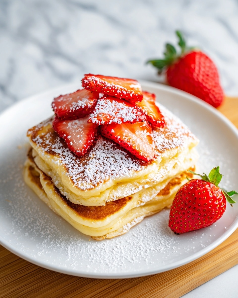 A stack of three thick, golden-brown square pancakes sits on a white plate on a white marbled surface. The top pancake is dusted with powdered sugar and crowned with several bright red, glossy sliced strawberries with green leafy tops. The edges of the pancakes show a soft, fluffy texture with light yellow centers. Powdered sugar is also scattered gently on the plate around the pancakes. In the background, parts of whole strawberries and a gray cloth are softly blurred. Photo taken with an iphone --ar 4:5 --v 7