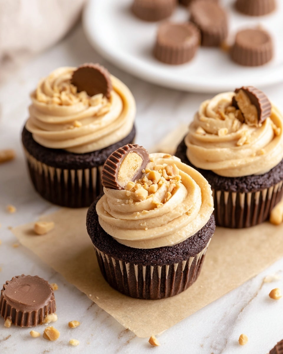 The image shows a chocolate cupcake with three main layers visible. The bottom layer is a dark, moist chocolate cake with a soft crumb texture. Above this is a gooey peanut butter filling that looks creamy and slightly shiny, oozing out from the middle section. The top layer is a thick swirl of light tan peanut butter frosting, smooth and fluffy, decorated with small chopped peanuts and two halves of a mini chocolate peanut butter cup placed on the frosting. The cupcake sits on a piece of light brown parchment paper, with some small peanut pieces scattered around on a white marbled surface in the background. Photo taken with an iphone --ar 4:5 --v 7