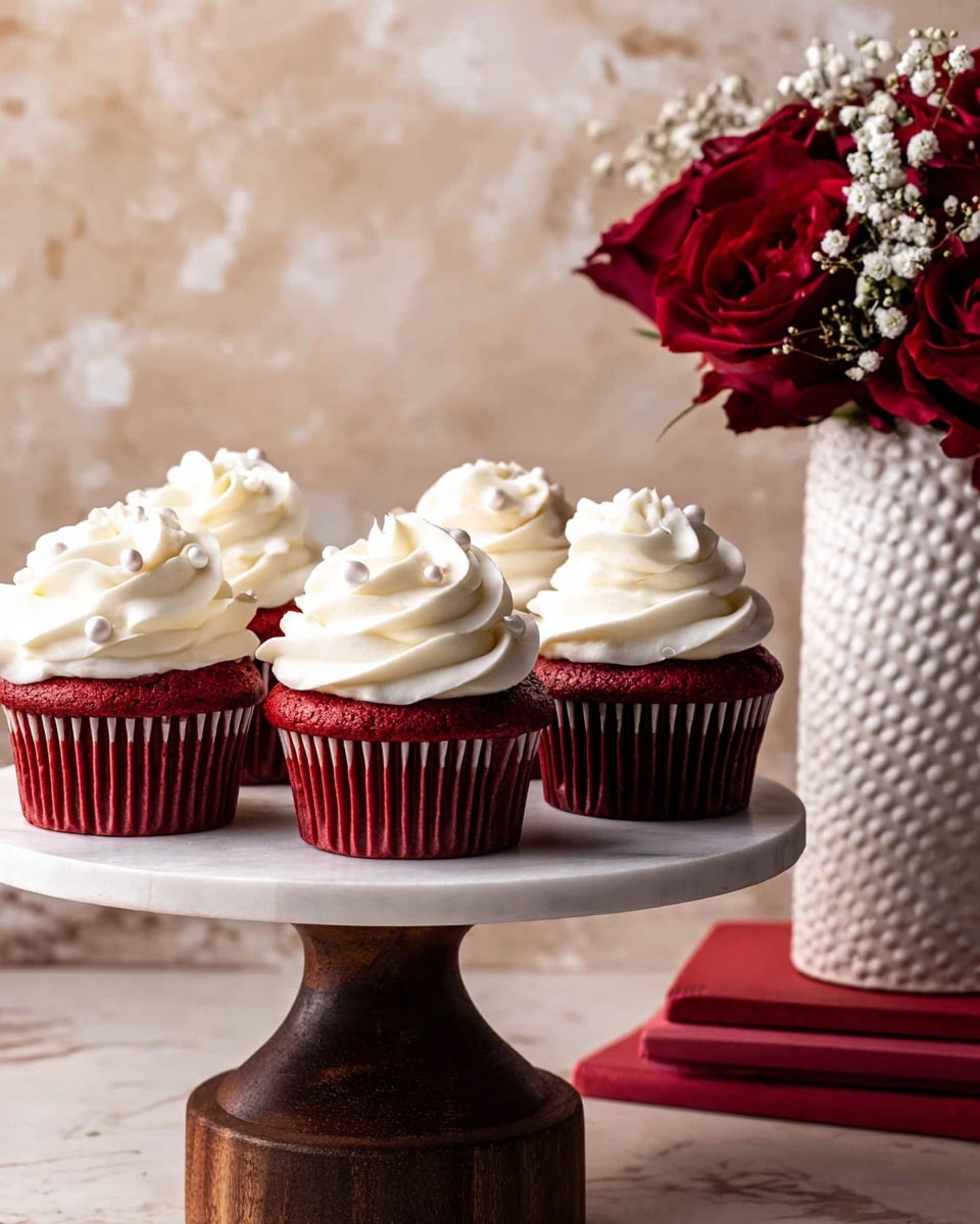 The image shows five red velvet cupcakes with rich deep red bases and smooth, swirled white cream on top. Each cupcake has two main layers: the bottom layer is the moist, textured red cake wrapped in a ridged paper cup, and the top layer is thick, soft white frosting piped in a high swirl. Small round pearl-like white sprinkles are scattered on the frosting, adding subtle decoration. The cupcakes sit on a round white marble plate, with a deep pink flower slightly blurred in the foreground. The backdrop is softly out of focus, emphasizing the cupcakes in the center. Photo taken with an iphone --ar 4:5 --v 7