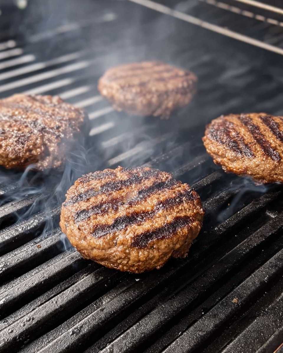 Four cooked burger patties with dark brown grill marks are placed on a black metal grill grate. The patties are thick and have a textured surface with some uneven edges. Thin wisps of smoke rise around the patties, adding a sense of heat and cooking in progress. The grill bars are parallel and have a matte finish. The background is a white marbled texture visible between and around the grill bars. photo taken with an iphone --ar 4:5 --v 7