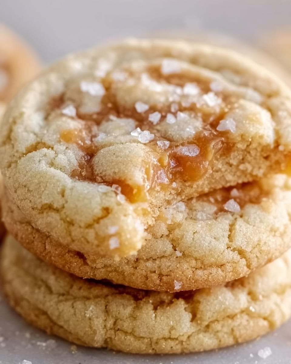 A stack of three soft cookies with a cracked surface showing a golden-brown color. The top cookie has a drizzled light caramel sauce that pools slightly in the middle and is sprinkled evenly with small white salt crystals. The edges of the cookies are slightly rough and crumbly, creating a textured look. The cookies sit on a white surface with a white marbled texture in the background. Photo taken with an iphone --ar 4:5 --v 7