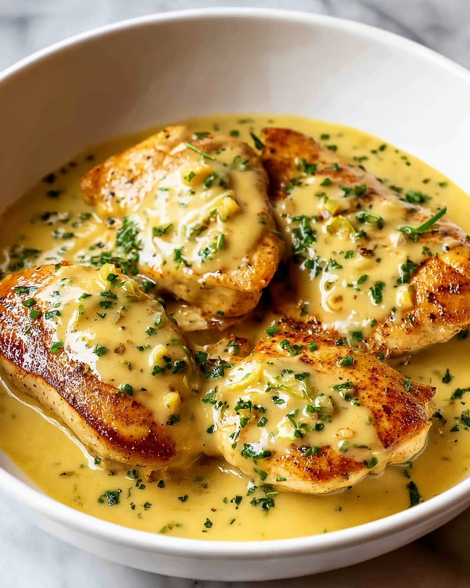 A white bowl holds four pieces of golden brown cooked chicken breasts covered in a thick, creamy yellow sauce. The sauce is smooth and glossy, pooling around the chicken and topped with small chopped green herbs scattered evenly over the surface. The chicken pieces are arranged closely together, showing a slightly crispy texture under the sauce. The bowl is set on a white marbled texture. photo taken with an iphone --ar 4:5 --v 7