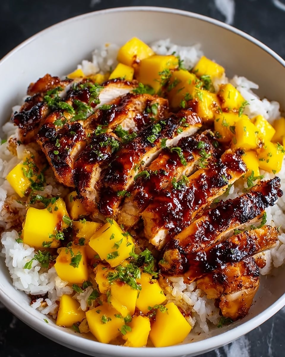 A bowl with three main layers: the bottom layer is a bed of white rice with a soft, fluffy texture; above it is a layer of bright yellow mango chunks scattered unevenly, adding a fresh, juicy look; the top layer features thick slices of grilled chicken glazed with a shiny, dark caramelized sauce and sprinkled with small green herbs. The chicken has a slightly charred texture. The bowl is white and sits on a white marbled surface. photo taken with an iphone --ar 4:5 --v 7