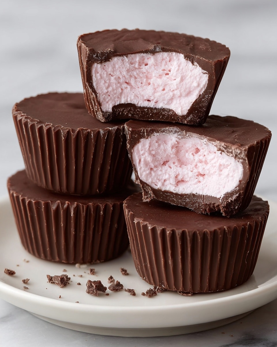 The image shows a white plate stacked with five chocolate cups, each with a ridged outer edge and smooth glossy top layer. Two of the chocolate cups are cut in half, revealing a thick, fluffy, light pink filling inside, creating two layers: a dark brown chocolate shell and a soft pink cream center. The plate sits on a white marbled surface, with a blurred glass bottle in the background, softly lit to highlight the texture and color contrast of the chocolate and filling. Small pink crumbs are scattered on the surface near the plate. photo taken with an iphone --ar 4:5 --v 7