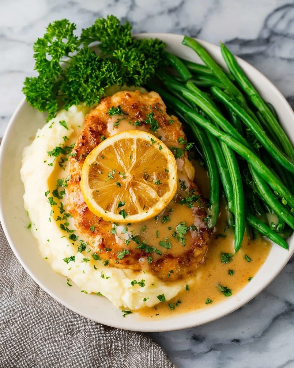 A shiny silver pan holds four golden-brown cooked chicken breasts, each topped with a thin, slightly charred lemon slice. The chicken is covered in a light sauce that pools at the bottom and glistens with hints of oil. Bright green chopped parsley is scattered on the chicken and sauce, adding fresh color. Around the edges, some whole parsley sprigs give a leafy texture. The pan sits on a white marbled surface with a soft folded gray and white striped cloth partially visible on the left side. photo taken with an iphone --ar 4:5 --v 7