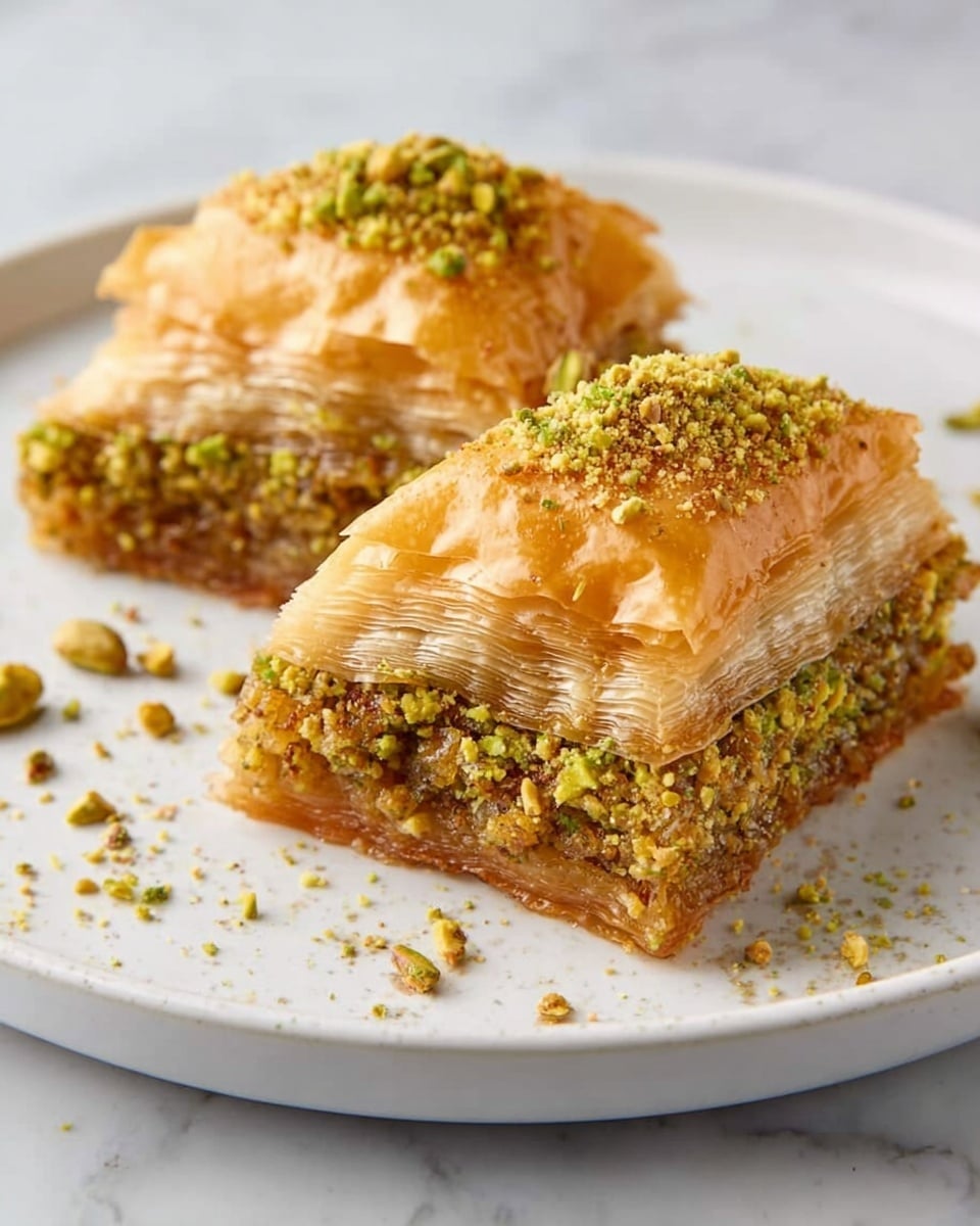 Two pieces of baklava rest on a white plate placed on a white marbled surface. Each piece has three main layers: the top and bottom are made of golden, flaky, thin pastry sheets with a slightly crispy texture visible in the multiple layers; the middle layer is thick and filled with finely chopped pistachios that are green and light brown, giving a crunchy look. The top is also sprinkled with crushed pistachios, adding a rough texture and green color contrast to the smooth golden pastry. Small bits of pistachios are scattered on the plate around the baklava pieces. photo taken with an iphone --ar 4:5 --v 7