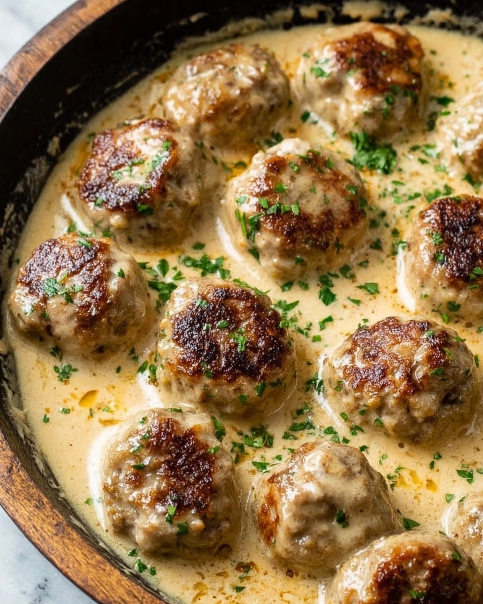 The close-up image shows a pan filled with several browned meatballs, each with a slightly rough texture from crisp cooking. They are covered in a thick, creamy, light tan sauce that fills the pan and has small green herb bits sprinkled across the surface. The pan rim is dark and rustic, contrasting with the rich sauce inside. The photo is clear and focused on the meatballs and sauce with a few visible browned spots where the sauce has cooked more. The background is a white marbled texture. photo taken with an iphone --ar 4:5 --v 7
