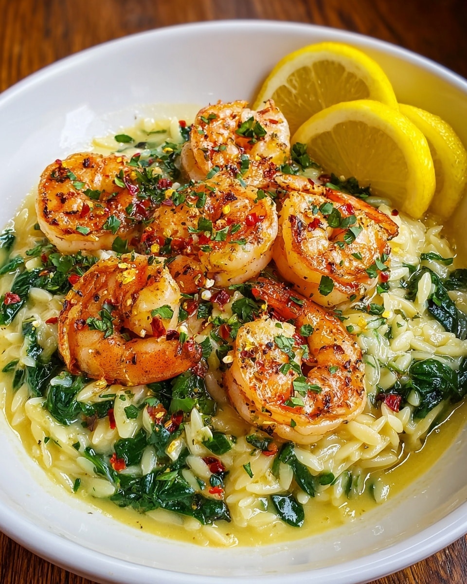 The dish is served in a white bowl with a base layer of creamy orzo pasta mixed with cooked spinach, creating a watery light yellow sauce around the edges. On top, there are six grilled shrimp with a pinkish-orange color, sprinkled with chopped green herbs and red chili flakes, adding texture and color contrast. Two bright yellow lemon wedges rest at the side of the bowl, enhancing the fresh look of the dish. Photo taken with an iphone --ar 4:5 --v 7