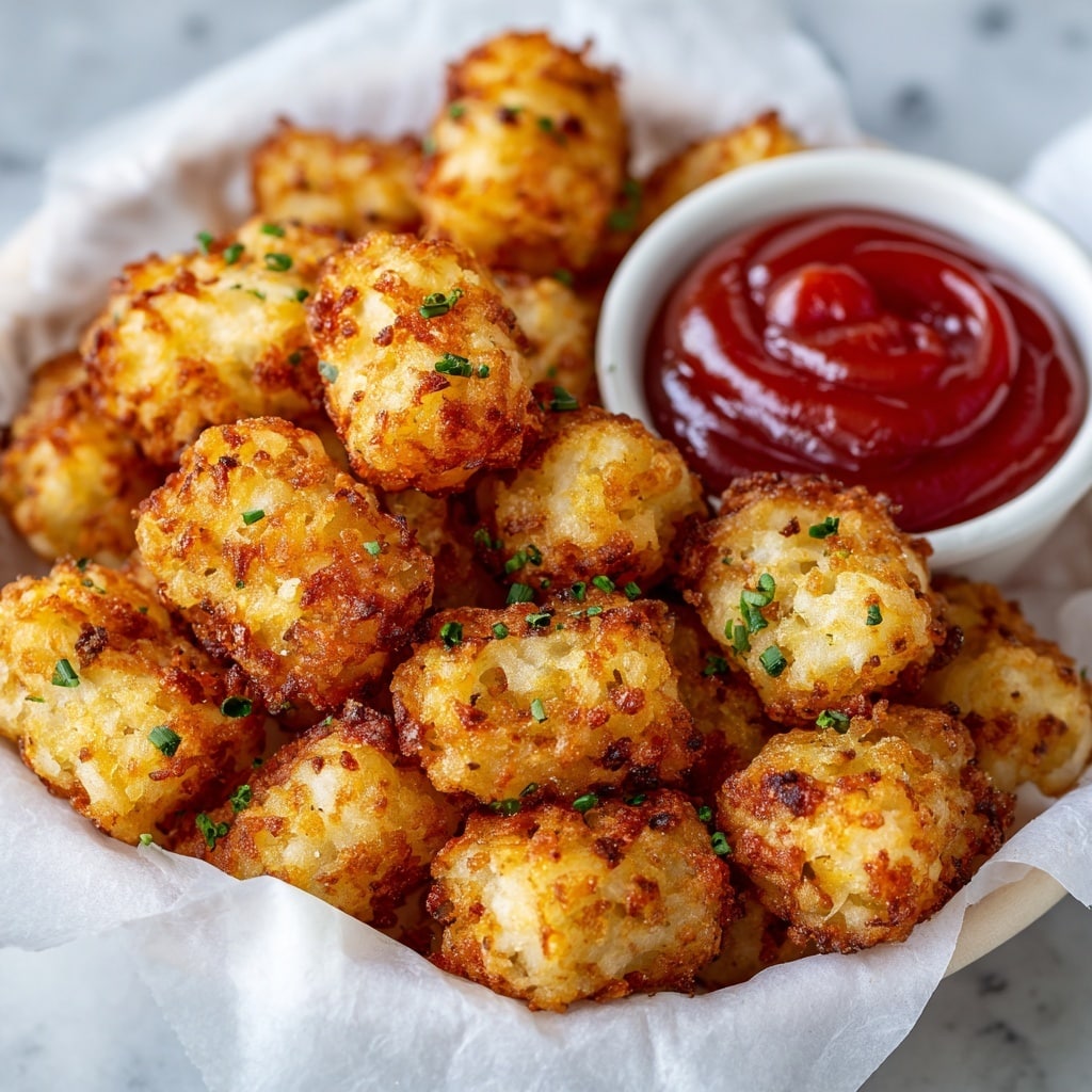 A close-up view of small, golden-brown crispy tater tots with a textured, crunchy surface and some green herb bits sprinkled on top, piled inside a white basket lined with white parchment paper, accompanied by a side cup filled with thick red ketchup, all set against a white marbled background. Photo taken with an iphone --ar 4:5 --v 7
