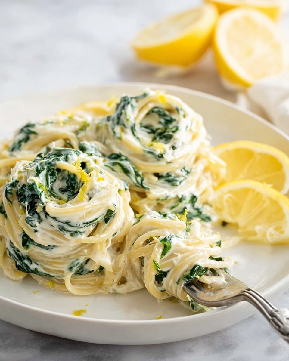 A white plate holds creamy spaghetti pasta mixed with wilted green spinach leaves. The pasta is coated in a smooth white sauce with a slight shine, and there are small specks of black pepper on top. A silver fork twists a bit of the spaghetti, lifting it up in the center of the image. Near the side of the plate, there are pieces of yellow lemon wedges partially visible. The background is a white marbled texture. photo taken with an iphone --ar 4:5 --v 7