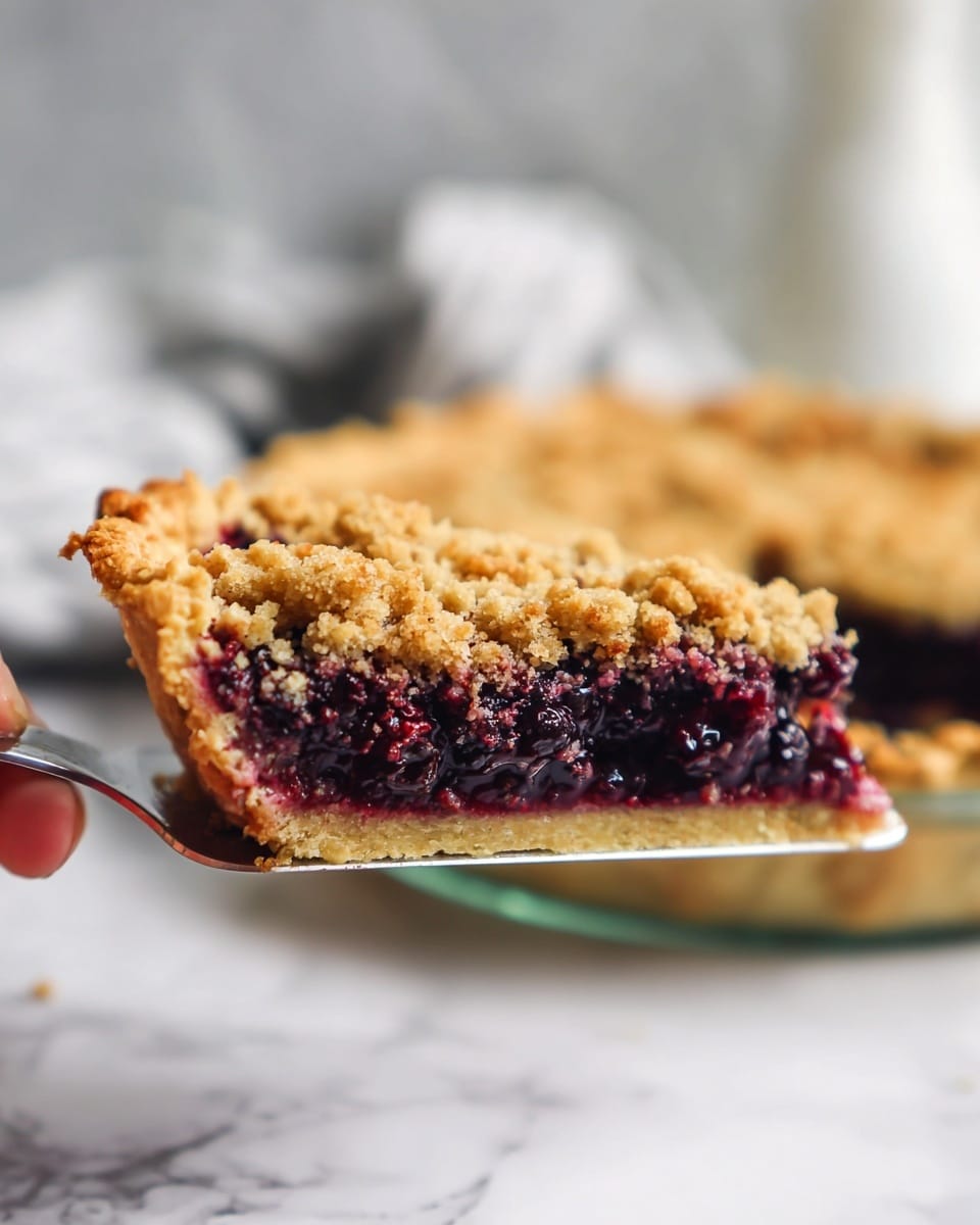 The image shows a slice of berry crumble pie held above a white marbled surface by a woman's hand, with the whole pie visible in the background. The slice has three clear layers: a golden-brown thick crust at the bottom with a flaky texture, a dark purple, juicy berry filling in the middle that looks soft and slightly runny, and a crumbly, light brown streusel topping with a rough texture on top. The slice is held on a shiny metal pie server, and the background is softly blurred with light tones. photo taken with an iphone --ar 4:5 --v 7