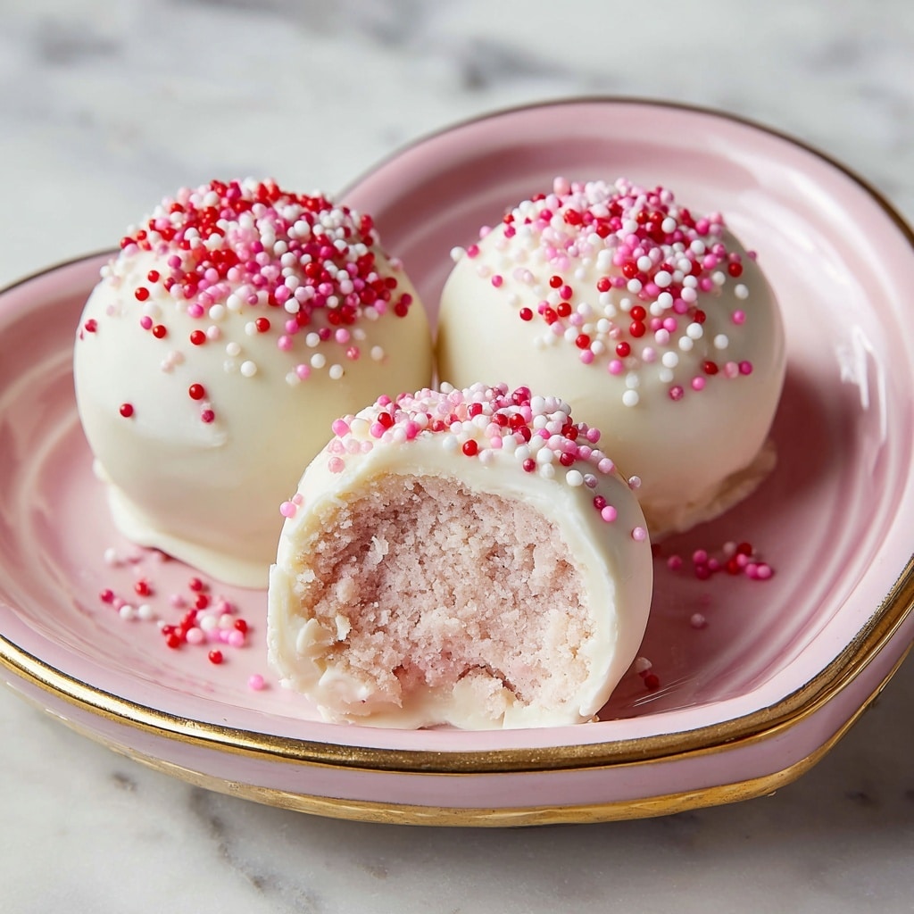 A white plate filled with three rows of round truffles, each with a smooth, shiny coating in shades of white and light pink. The front row has white truffles decorated with thin, pink diagonal stripes. The middle row shows light pink truffles topped with tiny pink sprinkles. The back row has white truffles with small red heart-shaped sprinkles and a few with pink stripes. The plate is set on a white marbled surface, creating a clean and bright background. Photo taken with an iphone --ar 4:5 --v 7