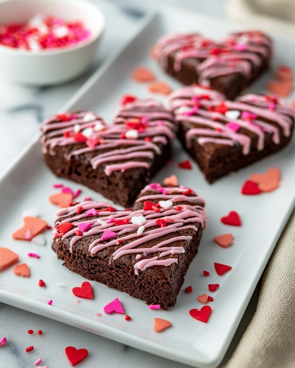 The image shows four heart-shaped brownies placed on a white rectangular plate, each with a thick, dark brown texture. The brownies are decorated with thin pink icing lines drizzled over the top, along with small heart-shaped sprinkles in red, pink, and white scattered both on the brownies and around the plate. In the background, there is a white bowl filled with more of these colorful heart-shaped sprinkles. The scene is set on a white marbled surface with soft lighting highlighting the rich texture of the brownies and the bright colors of the decorations. photo taken with an iphone --ar 4:5 --v 7