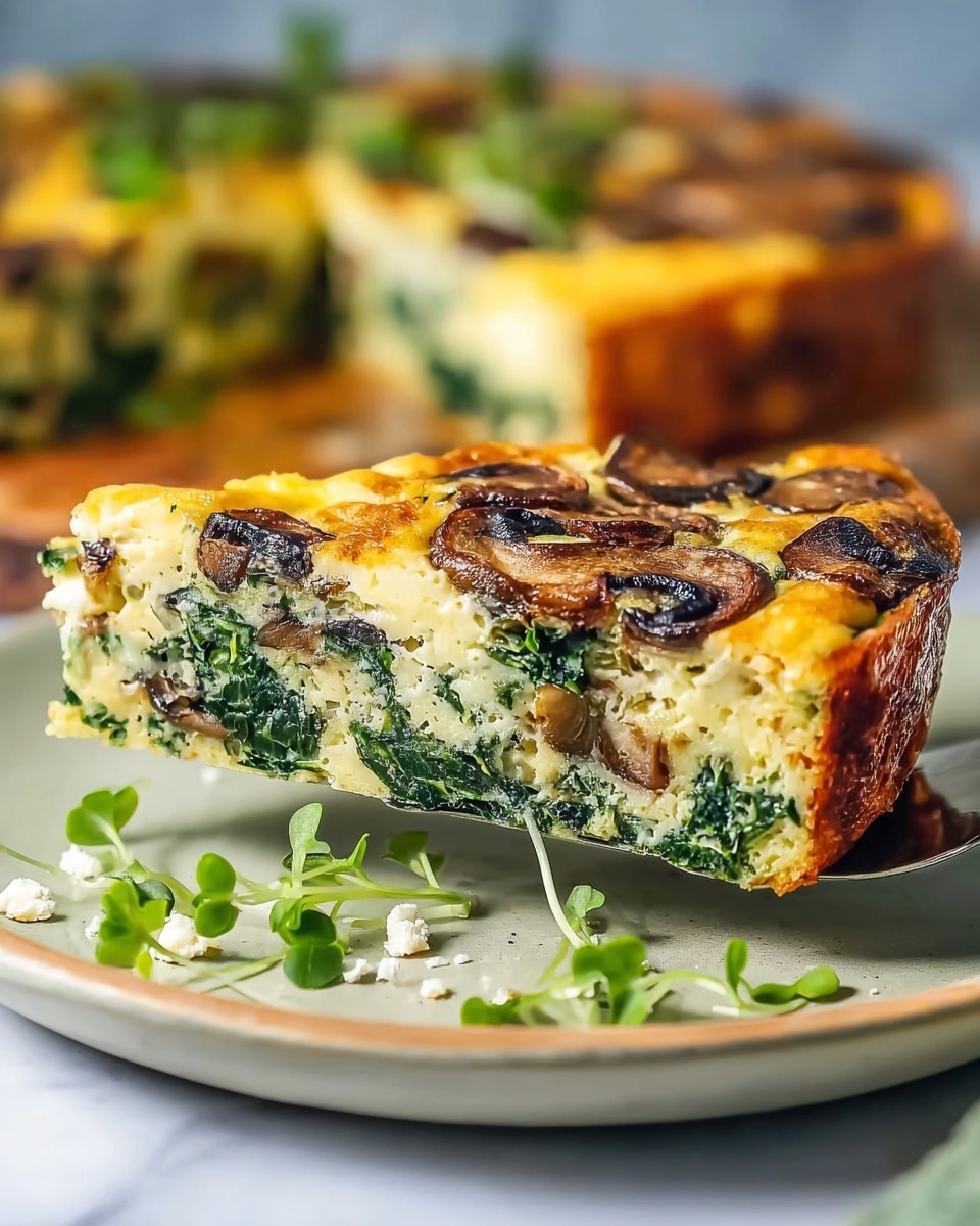 The image shows a close-up of a slice of frittata being lifted, with a golden-brown, slightly crispy top layer dotted with cooked mushroom slices. Below the top is a thick, pale yellow egg layer filled with vibrant green spinach and small pieces of mushrooms, showing a soft, fluffy texture. The slice sits on a white plate with a few scattered green microgreens and small white crumbs on a white marbled surface in the background. Photo taken with an iphone --ar 4:5 --v 7
