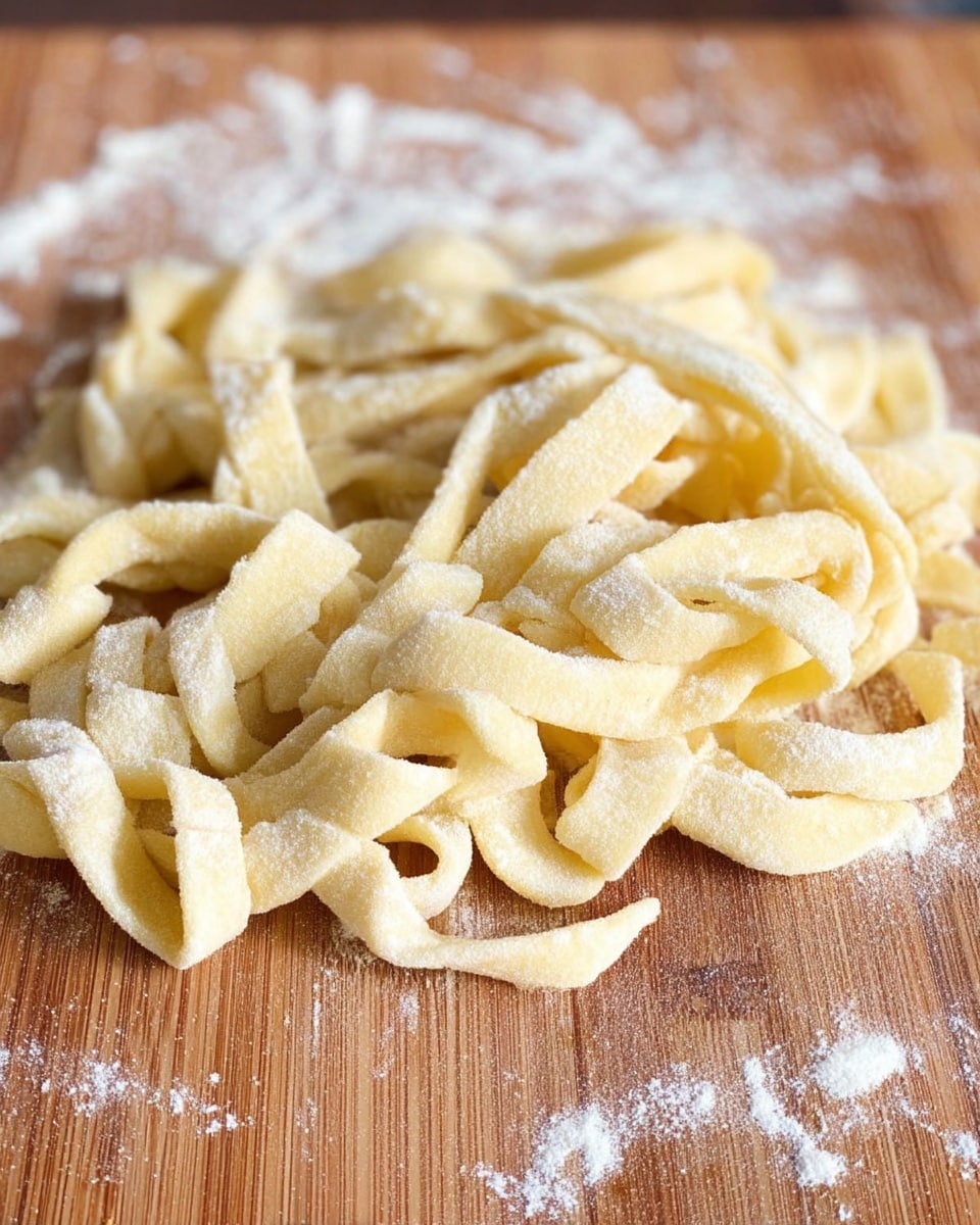 A pile of thick, pale yellow fresh pasta strips lies scattered on a wooden board dusted with white flour, the pasta pieces having a soft, slightly curled texture with some twist shapes and uneven edges, giving a homemade feel; the wooden surface beneath shows light flour dusting around the pasta with some small dough bits. photo taken with an iphone --ar 4:5 --v 7