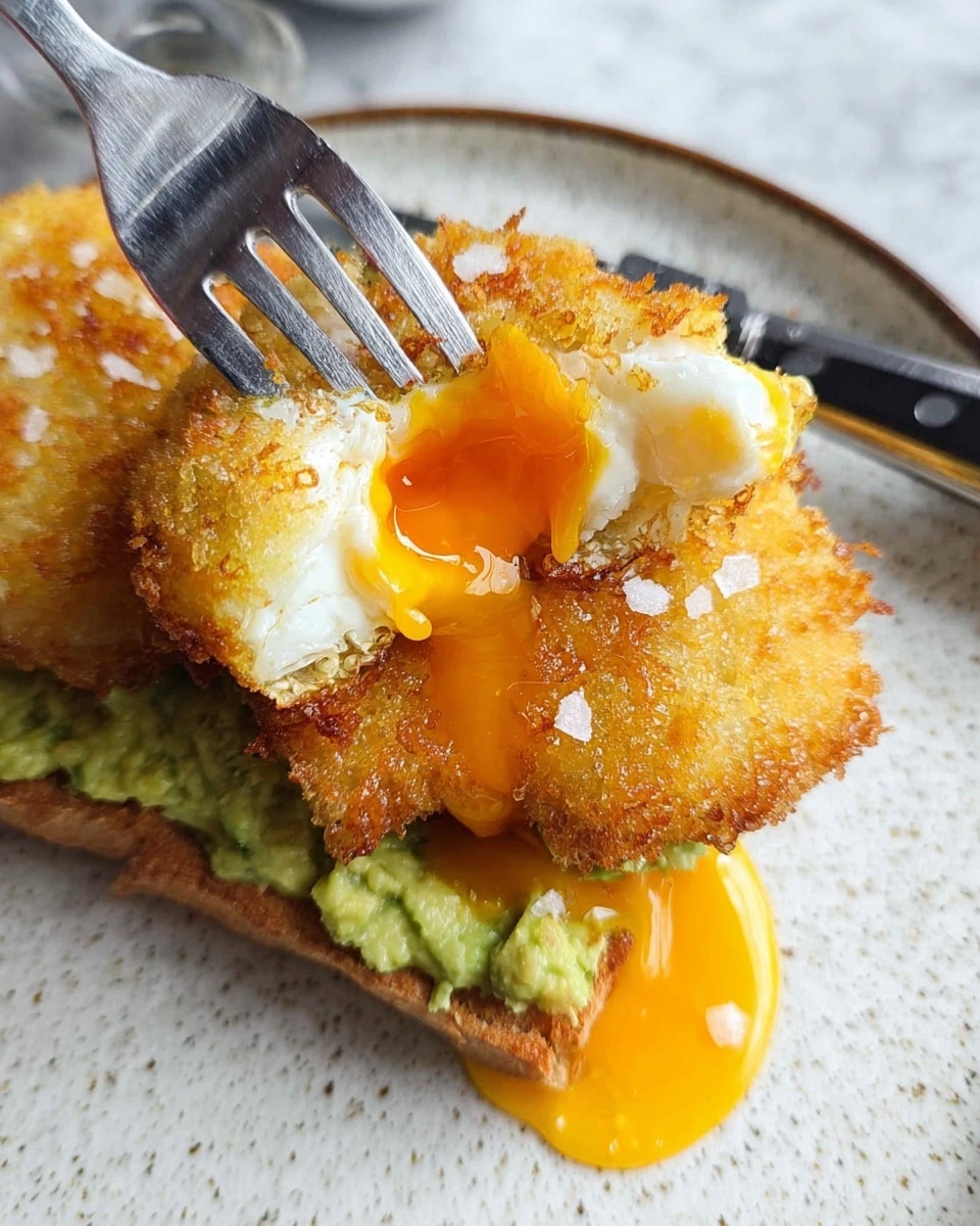 The image shows a close-up of a dish with three clear layers on a white plate. The base is a piece of golden brown toasted bread with a rough texture. On top of this is a layer of smooth, light green avocado slices topped with soft white cheese with a crumbly texture. The top layer is a round, deep-fried egg coated with a golden, crunchy breading that has been cut open to reveal the bright orange, runny yolk spilling out inside. A silver fork and knife are near the dish, with the knife partially cutting through the fried egg, placed on a white marbled surface. Photo taken with an iphone --ar 4:5 --v 7