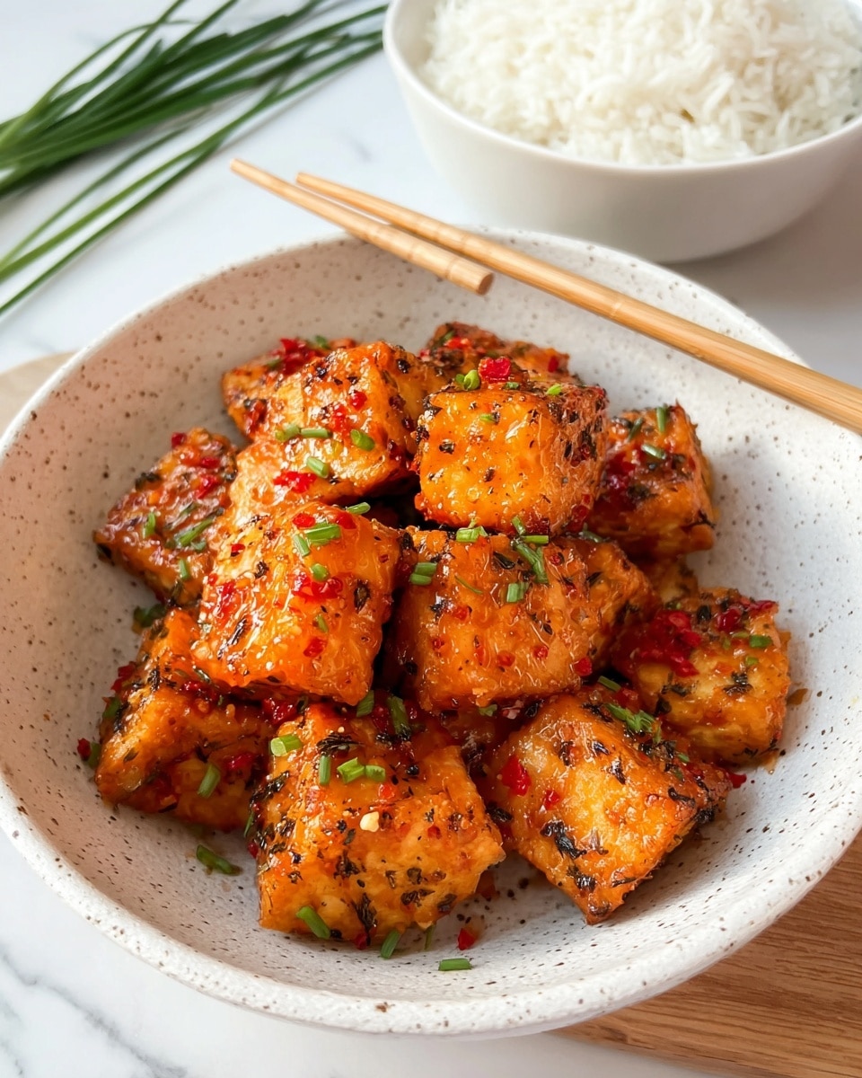 A white speckled bowl filled with crispy golden-brown tofu cubes covered in a shiny red-orange sweet chili sauce, sprinkled on top with small green chives and red chili flakes, arranged in a slightly piled mound. Adjacent to the bowl, there is a pair of light-colored wooden chopsticks resting on the bowl's edge. In the background, a white bowl contains fluffy white rice, and fresh green chives are partially visible on a white marbled surface. photo taken with an iphone --ar 4:5 --v 7