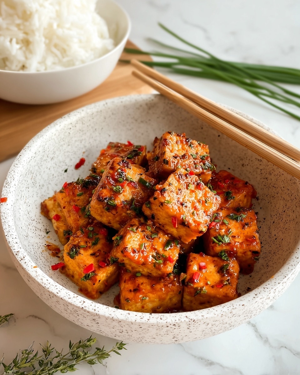 A white speckled bowl filled with about ten small square pieces of crispy tofu, each piece golden brown with a slightly charred texture. The tofu is coated with a shiny orange-red sauce that looks thick and glossy, sprinkled with finely chopped green herbs and tiny red chili flakes. Two light-colored wooden chopsticks rest across the bowl at the top. In the background, slightly out of focus, there is a white bowl filled with fluffy white rice, and some green chive stalks lying on the white marbled surface. Photo taken with an iphone --ar 4:5 --v 7