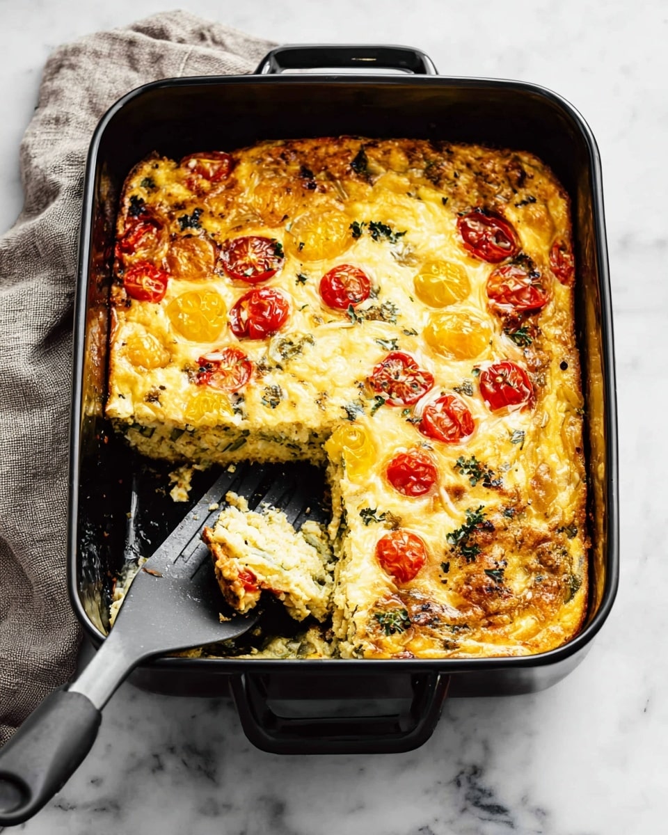 A slice of egg casserole with visible layers is being lifted in a black baking pan. The bottom layer is filled with cooked spinach that looks dark green and textured, followed by a layer of thick egg mixture that is light yellow and fluffy. Pieces of mushroom and small red bits, possibly tomatoes or bell peppers, are embedded within the egg layer. The top layer is a slightly browned, golden-yellow egg mixture with a soft, creamy texture and scattered red pieces. The casserole has an uneven, rustic surface. The background is a white marbled texture with a light gray cloth partially visible underneath the baking pan. photo taken with an iphone --ar 4:5 --v 7