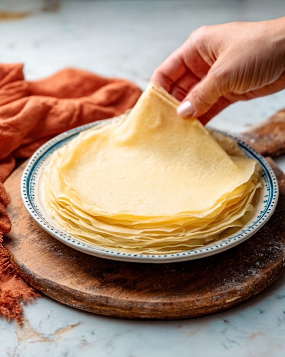 A white round plate holds a stack of many thin, light yellow crepe layers with a smooth and slightly translucent texture, the edges of each crepe softly curling. A woman's hand is lifting the top crepe gently from the stack. The plate sits on a worn wooden board with a rustic, speckled surface. To the top right, there is a dark bowl filled with white flour and a wooden spoon with a small heap of flour resting on a white marbled background. A folded faded red cloth is placed on the lower left corner. photo taken with an iphone --ar 4:5 --v 7